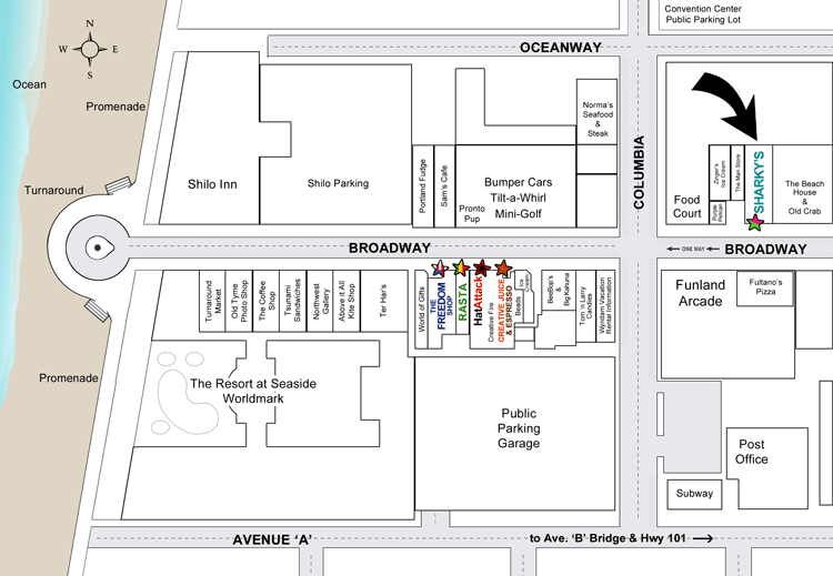 map to Sharky's in Seaside, Oregon